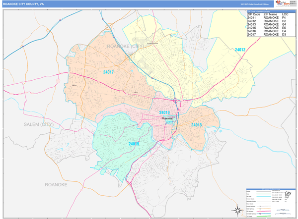 Roanoke City County, VA Wall Map